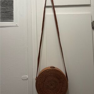 Brown Woven Round Crossbody Bag